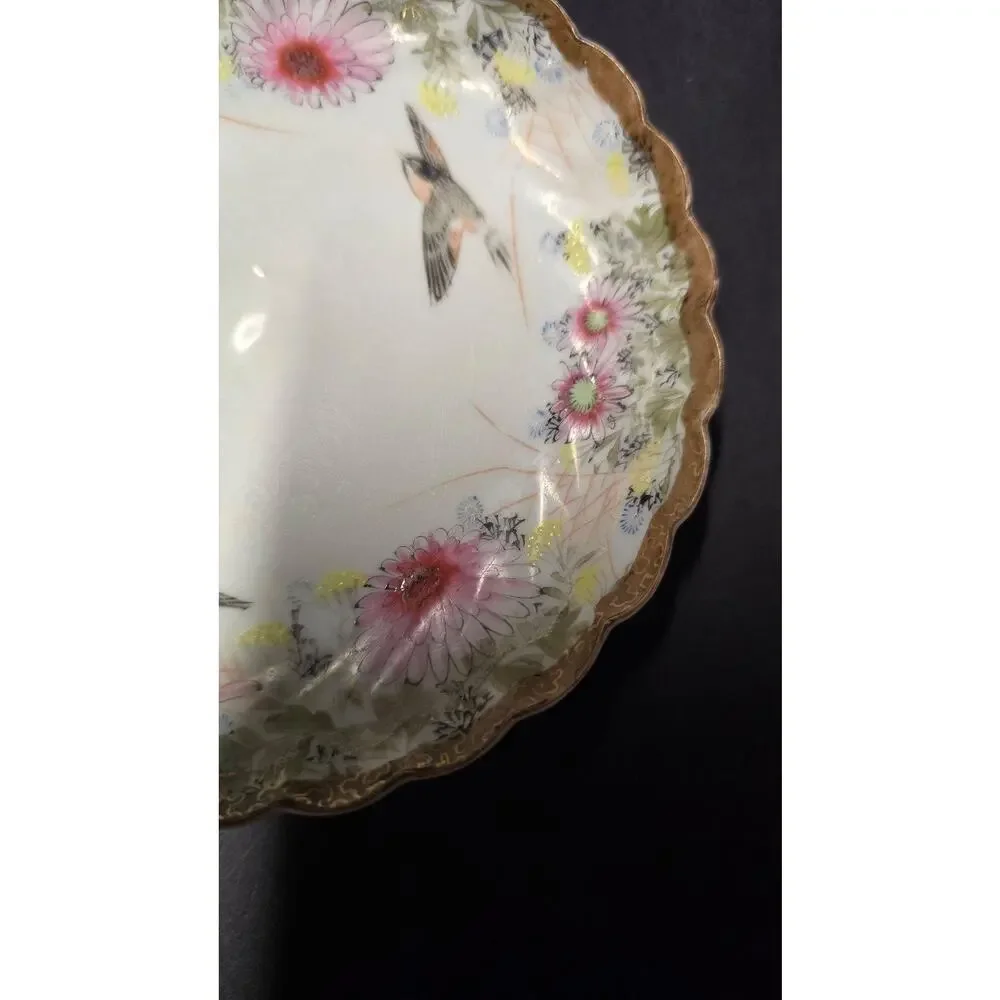 Vintage Unmarked Porcelain Plate Birds Pink Floral Gold Trim Scalloped Edge